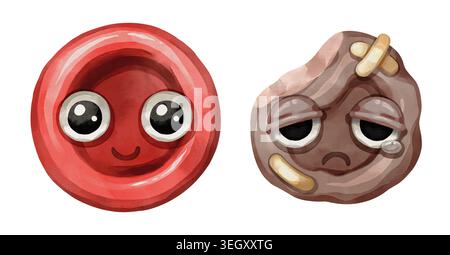 Healthy and sick white blood cell cartoon characters side by side. Hand ...