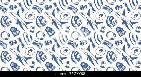 Traveler seamless pattern with airplane, backpack, hat, sunglasses, camera, neck pillow and location pin. Travel and adventure illustration for fabric Stock Vector