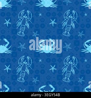 Seamless vector marine pattern with blue crabs, lobsters and starfish on blue checkered background. Nautical repeat design for textile and decor. Stock Vector