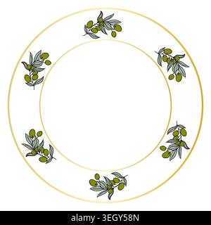 Vector illustration of a round frame with olive branches and golden rings. Elegant circular ornament for plate design, menu, and wedding decor. Stock Vector