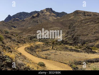 Curving dirt road through dry volcanic mountain landscape in Gran Canaria, Canary Islands, Spain. Stock Photo