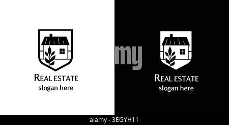 The real estate agency logo is a vector image in the shape of a shield with a cottage house depicted on it. Stock Vector