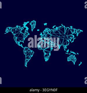 World map low poly triangulation triangulated polygonal electric cyan blue vibrant aqua neon color vector illustration image outline contour line Stock Vector