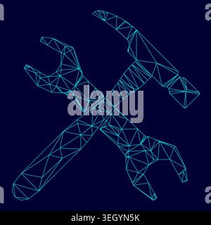 Wrench and hammer low poly triangulation triangulated polygonal electric cyan blue vibrant aqua neon color vector illustration image outline contour Stock Vector