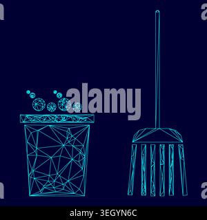 Bucket and broom low poly triangulation triangulated polygonal electric cyan blue vibrant aqua neon color vector illustration image outline contour Stock Vector