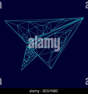 Paper airplane low poly triangulation triangulated polygonal electric cyan blue vibrant aqua neon color vector illustration image outline contour Stock Vector