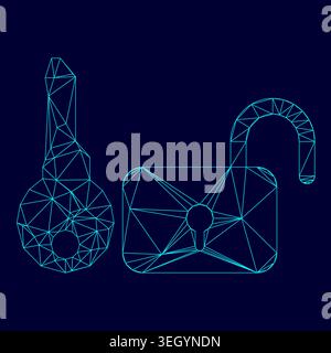 Key and lock low poly triangulation triangulated polygonal electric cyan blue vibrant aqua neon color vector illustration image outline contour line Stock Vector