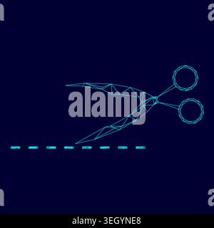 Scissor with cut line low poly triangulation triangulated polygonal electric cyan blue vibrant aqua neon color vector illustration image outline Stock Vector