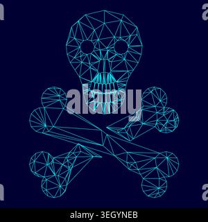Skull and bones low poly triangulation triangulated polygonal electric cyan blue vibrant aqua neon color vector illustration image outline contour Stock Vector