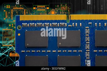A memory module is shown with soldered parts and circuit details. Digital graphics blend with the hardware layout in a tech environment. Stock Photo
