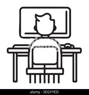 Workspace setup icon with a computer monitor keyboard and chair on desktop in linear style Stock Vector
