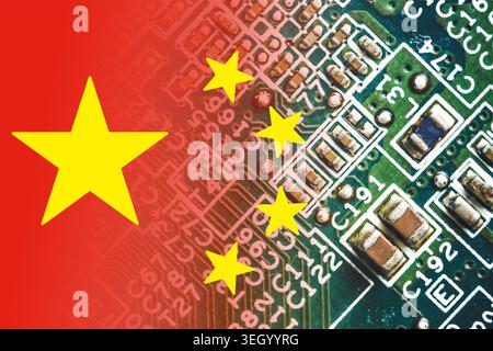 China technology concept with electronic circuit board and national flag overlay. Digital industry and asian microelectronics background image. Stock Photo