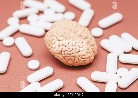 Human brain model surrounded by white pills closeup. Neurology, mental health and pharmaceutical treatment concept on pink background. Stock Photo