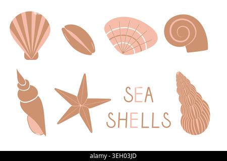 set of vector color seashell in a minimalist style in pastel colors on white background. Stock Vector
