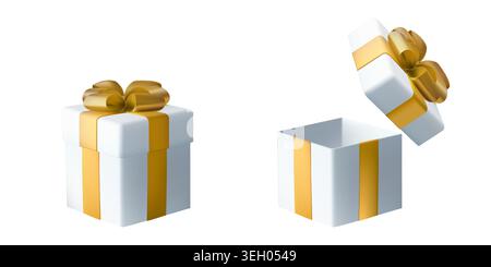 3D gift box, open present icon. Gold ribbon reward, birthday card vector xmas render. Event cute christmas giftbox isolated on white bg. Bonus PNG Stock Vector