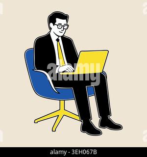 Businessman working on a laptop computer while sitting on an office chair at workplace Stock Vector