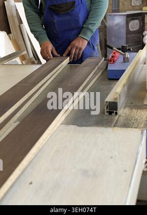 Woodworker's hands carefully positioning timber boards on a table saw for precise cutting, highlighting the skill and machinery involved in carpentry Stock Photo