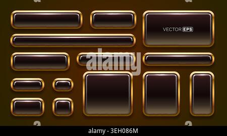Luxury glossy dark web buttons with golden border. A set of vector elements for modern UI design, perfect for websites and apps. Vector illustration. Stock Vector