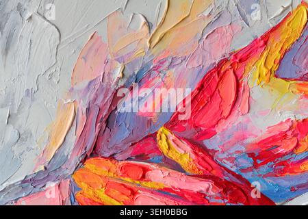 Expressive oil painting with palette knife showing vibrant colors and textures of petals on canvas Stock Photo