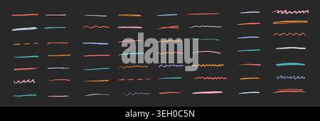 Colorful crayon, pencil and brush underline strokes on black background. Hand drawn doodle marks, sketch texture and pastel paint lines for highlight, note, frame, border, pattern and design. Stock Vector