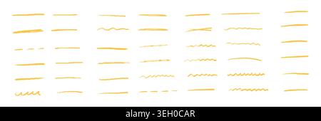 Yellow hand drawn lines, pencil, crayon and brush strokes on white background. Creative sketch elements, artistic texture set for design, highlight marks, doodles, notes and decoration. Vector art Stock Vector