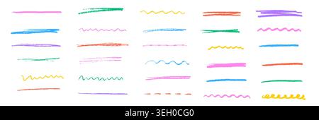 Colorful crayon scribble highlight set, hand drawn marker strokes and sketch lines. Abstract doodle texture for notes, banners, school design, decoration, creative frames and artistic backgrounds. Stock Vector