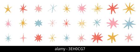 Colorful hand drawn crayon stars with pencil sketch texture for kids design. Cute doodle sparkle elements, pastel scribbles and childish shapes for school art, patterns, decoration and backgrounds. Stock Vector