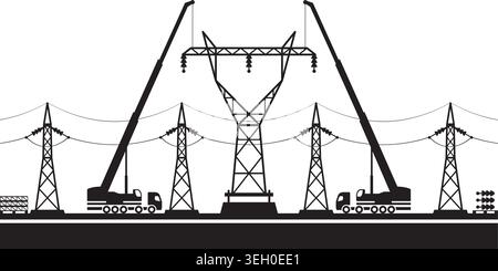 Building of electrical transmission line  - vector illustration Stock Vector