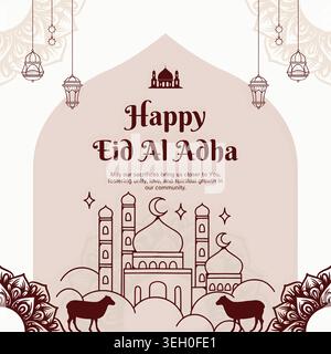 Eid Al Adha Mubarak celebration card with line art mosque, islamic hanging, decorative corner, sheep on pink white background. Use for banner, poster. Stock Vector