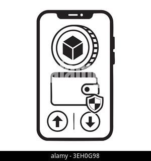 Mobile banking smartphone screen icon showing wallet balance digital coin transfer and security shield Stock Vector