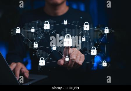 Cybersecurity network protection concept. padlock icon. manage encrypted data access, secure global connection, privacy lock, threat prevention, Stock Photo