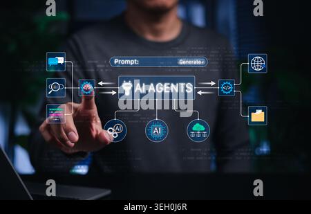 AI Agents and Prompt Automation Concept. Person touching virtual interface with prompt, workflow, coding, AI icons. autonomous agent, task automation, Stock Photo