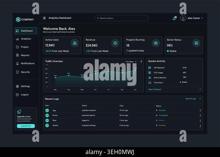 Professional dark mode analytics dashboard interface featuring traffic overview charts, active users statistics, revenue tracking, project monitoring, Stock Vector
