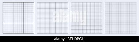 Blueprint grid set micro node square geometry, four scale variations. Wide medium dense micro spacing comparison, engineering layouts dashboards notebook pages interface planning technology graphics. Stock Vector