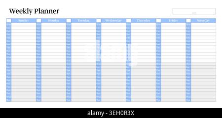 Weekly planner 12-hour clock, Sunday start. Vector design. Stock Vector