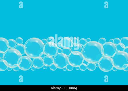 Soap bubbles on blue background.  Stripe of transparent bubbles. Vector design. Stock Vector