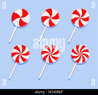 Red and white twisted lollipop christmas candy set on blue background. Vector design. Stock Vector