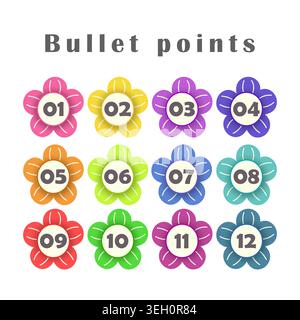 Colorful bullet points flowers, numbers from 1 to 12. Infographics. Vector design. Stock Vector
