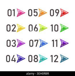 Colorful bullet points arrows, numbers from 1 to 12. Infographics. Vector design. Stock Vector