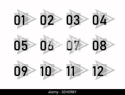 Black and white bullet points arrows, numbers from 1 to 12. Infographics. Vector design. Stock Vector