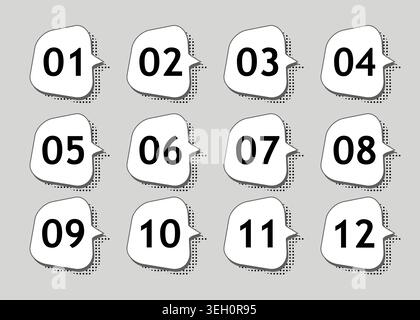 Bullet points think bubbles with shadows. Numbers from 01 to 12. Vector design. Stock Vector