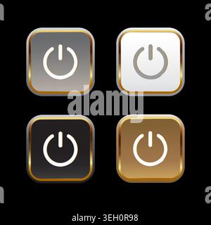 Start button set of different colors with golden elements on black background. Square buttons with rounded corners. Vector design. Stock Vector