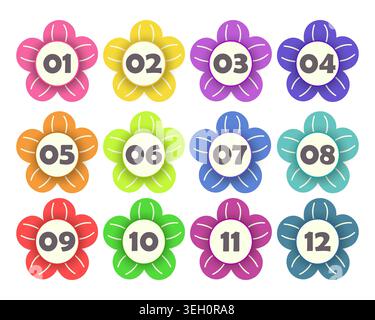 Colorful flowers with numbers from 1 to 12. Infographics. Vector design. Stock Vector