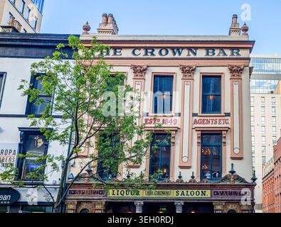 Belfast, UK, May 6, 2026. The street view of the front of historic Crown Liquor Saloon on Great Victoria Street in Belfast, Northern Ireland. Stock Photo