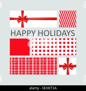 Happy holidays poster. Red and white gift boxes wrapped in paper of different ornaments. Vector design. Stock Vector