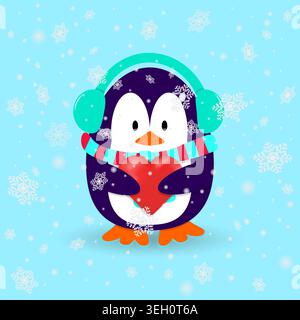 Penguin in wintertime with earmuffs, scarf and red heart in its hands. Snowflakes falling down. Cartoon vector design. Stock Vector