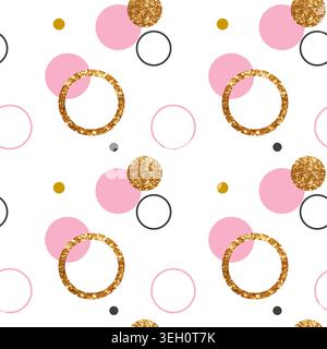 Golden rings and pink circles seamless pattern on white background. Vector design Stock Vector