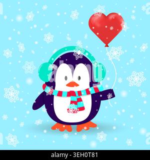 Penguin in wintertime with earmuffs, scarf and red heart balloons in his hand. Snowflakes falling down. Cartoon vector design. Stock Vector