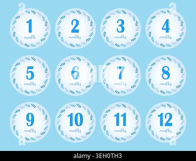12 months stickers for the first year of the baby boy's life.Blue background with leaves in circle. Vector design. Stock Vector