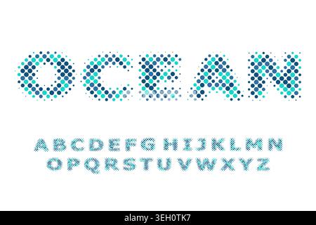 Halftone alphabet of dots randomly colored in blue shadows. Vector design. Stock Vector